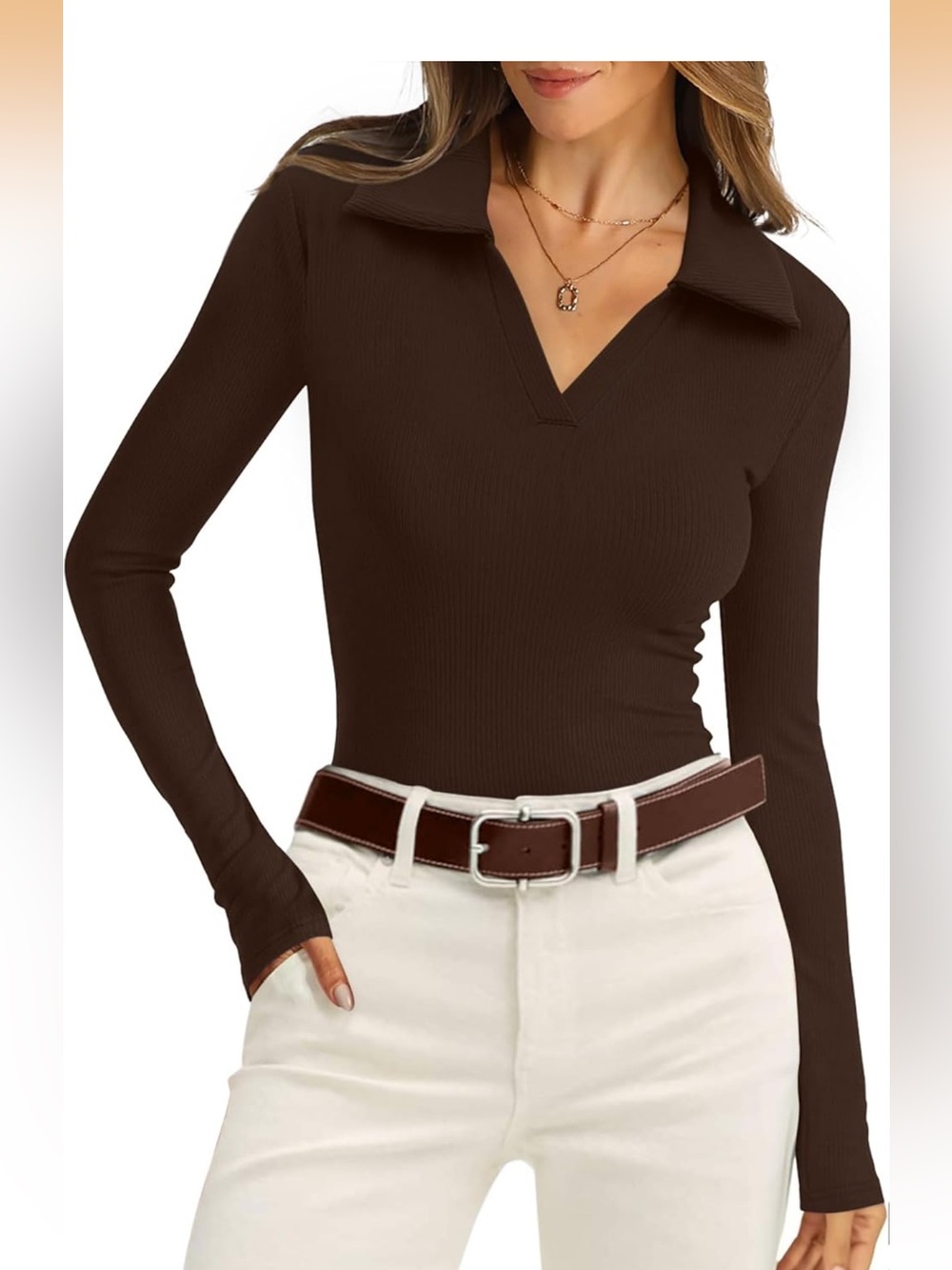 Long Sleeve Brown Ribbed Top